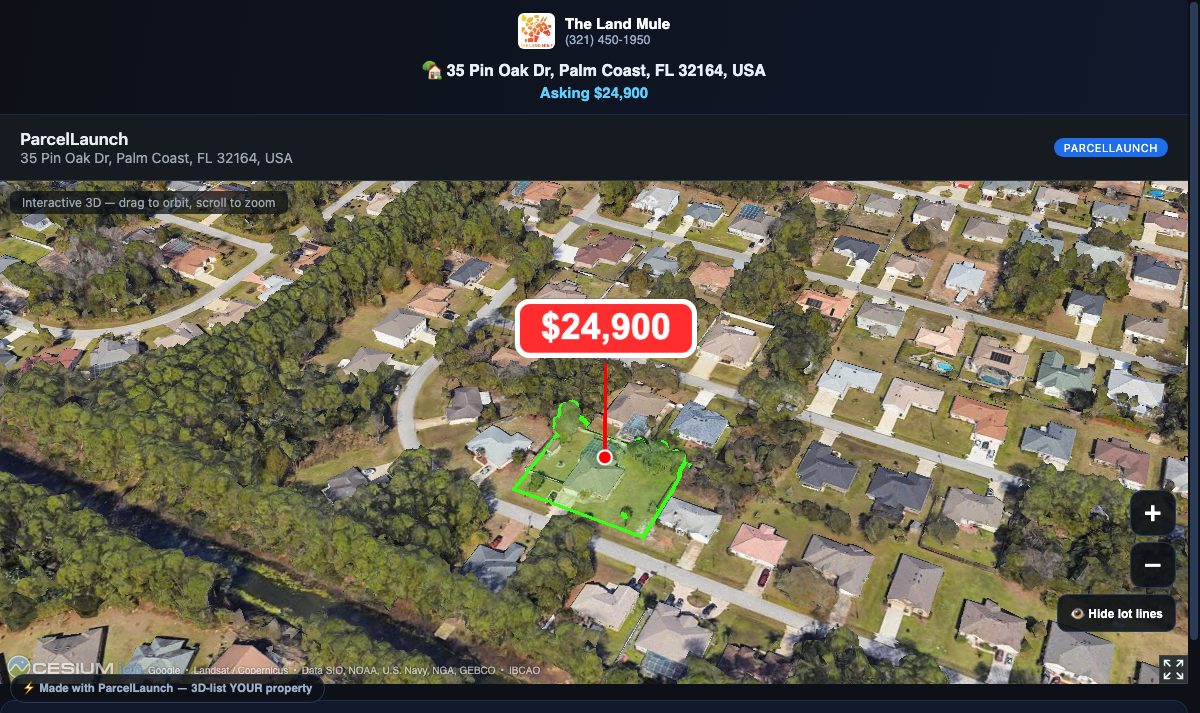 ParcelLaunch 3D listing with the parcel boundary and a floating price pin